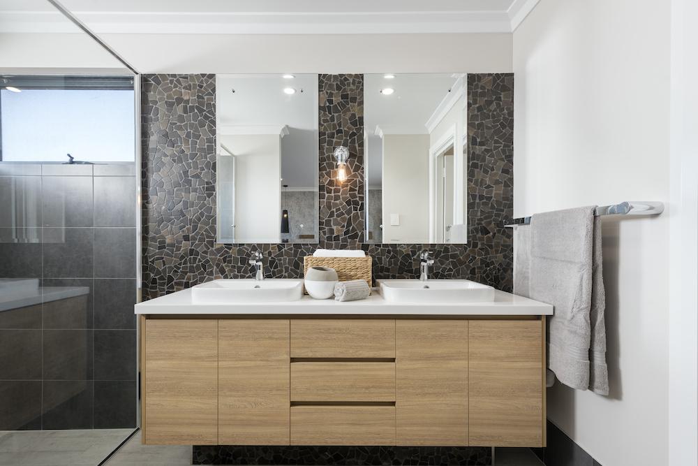 wooden bathroom vanity and double mirror