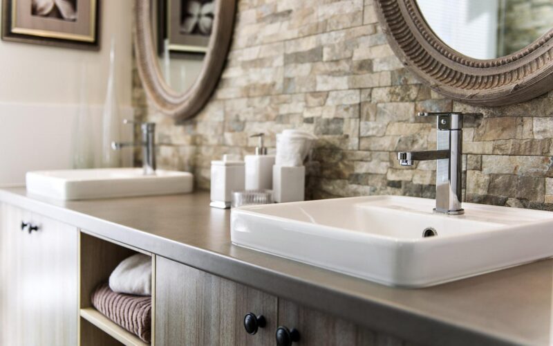 stone tiles wall and bathroom sink