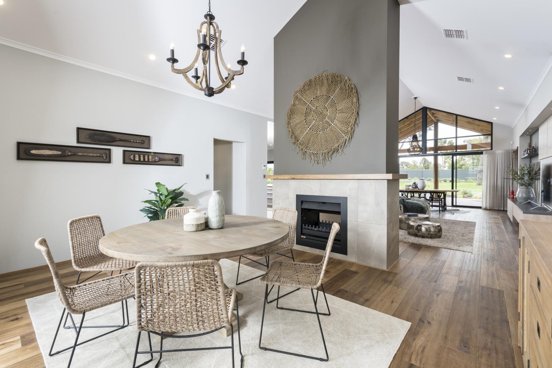 modern open plan country home with fireplace