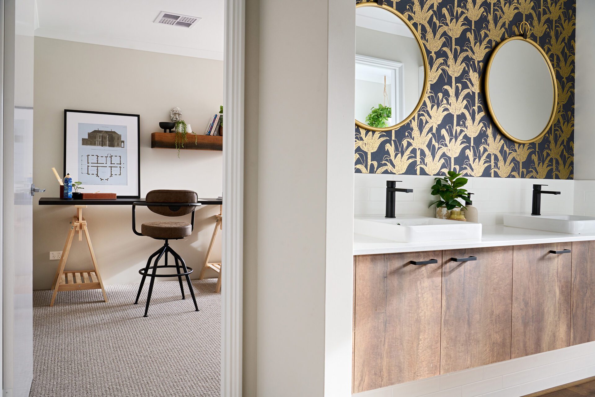 bathroom with feature wallpaper and double vanity