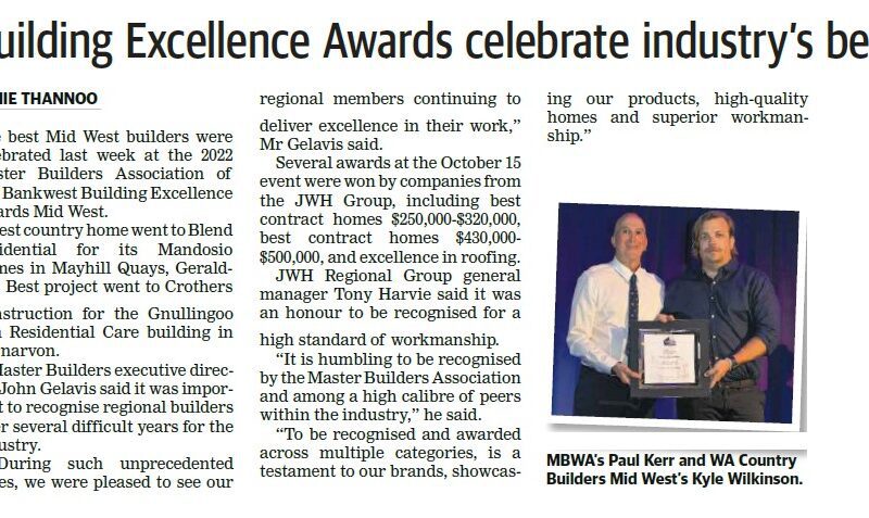 Newspaper clipping from The Geraldton Guardian featuring an award presentation, representing Geraldton Builders.