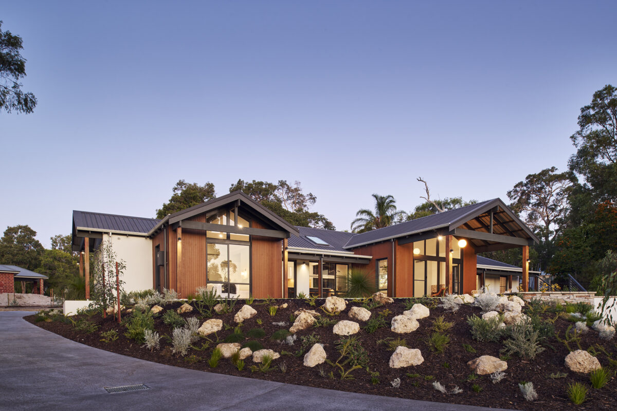 External, evening shot of the Gelorup retreat display home by rural building company