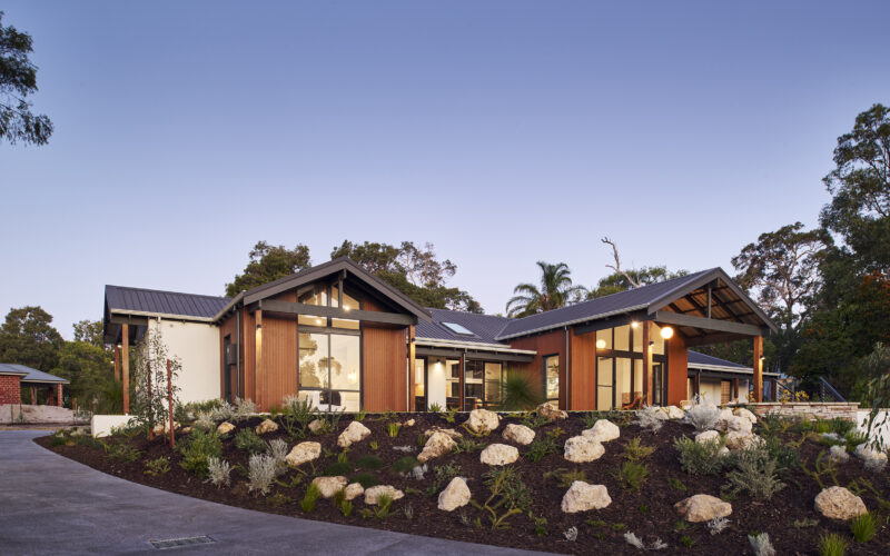 External, evening shot of the Gelorup retreat display home by rural building company