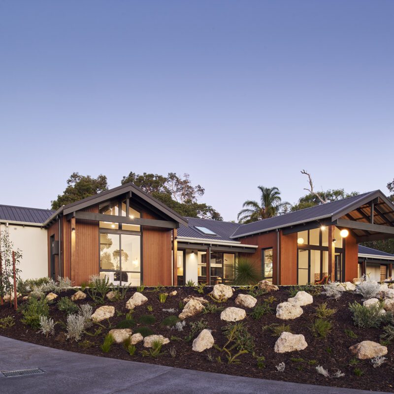 External, evening shot of the Gelorup retreat display home by rural building company