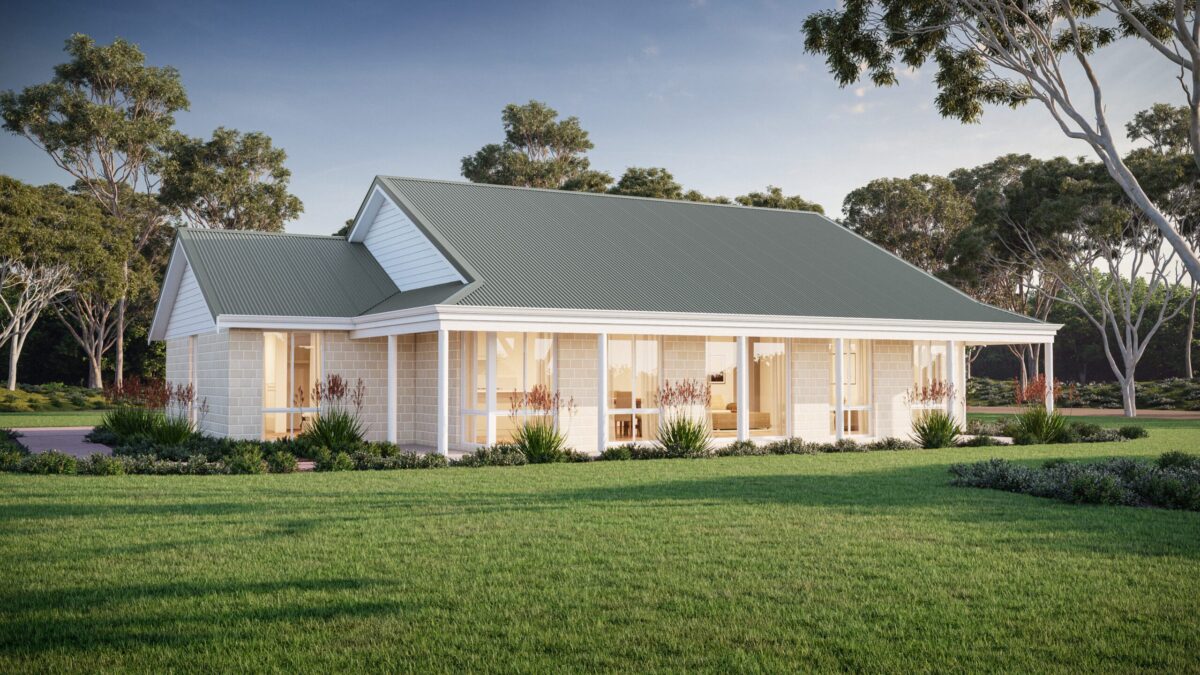 The Bayview home design exterior render with wide verandah and lawn