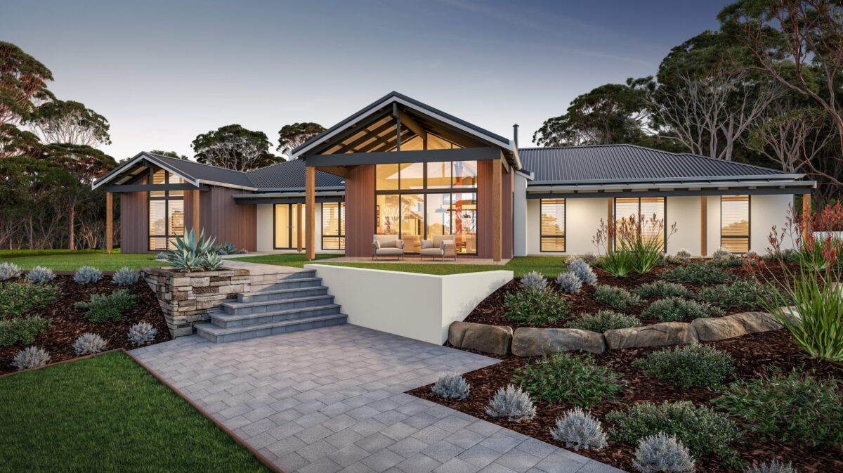 The Gelorup Retreat home design exterior render with landscaped entry