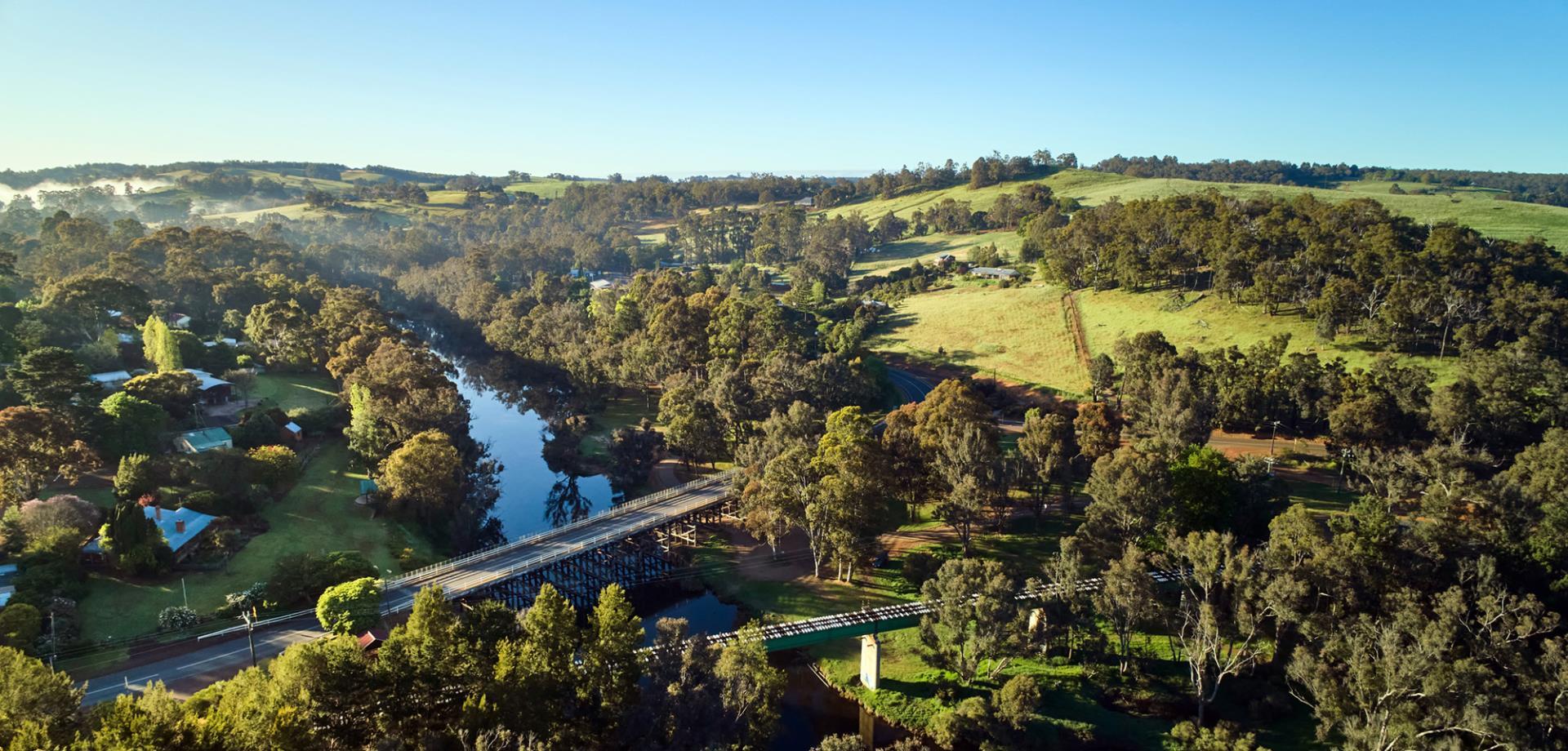 Are view of scenic landscape of Bridgetown, located in the South West region of Western Australia.