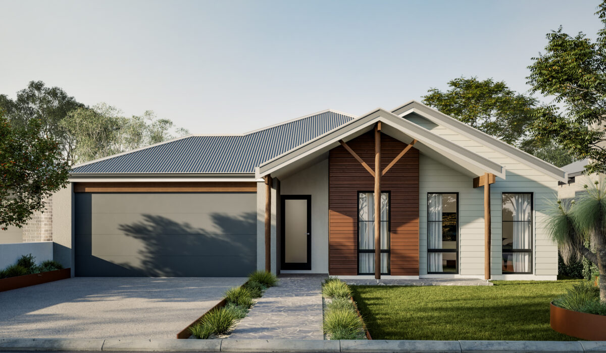 The Urban Range for Rural Building Co draws inspiration from Australian materials, and shaped by lifestyles. Featured image and elevation of The Pinehill Urban Range single storey home design with a raked roof, natural finishes and earthy tones.
