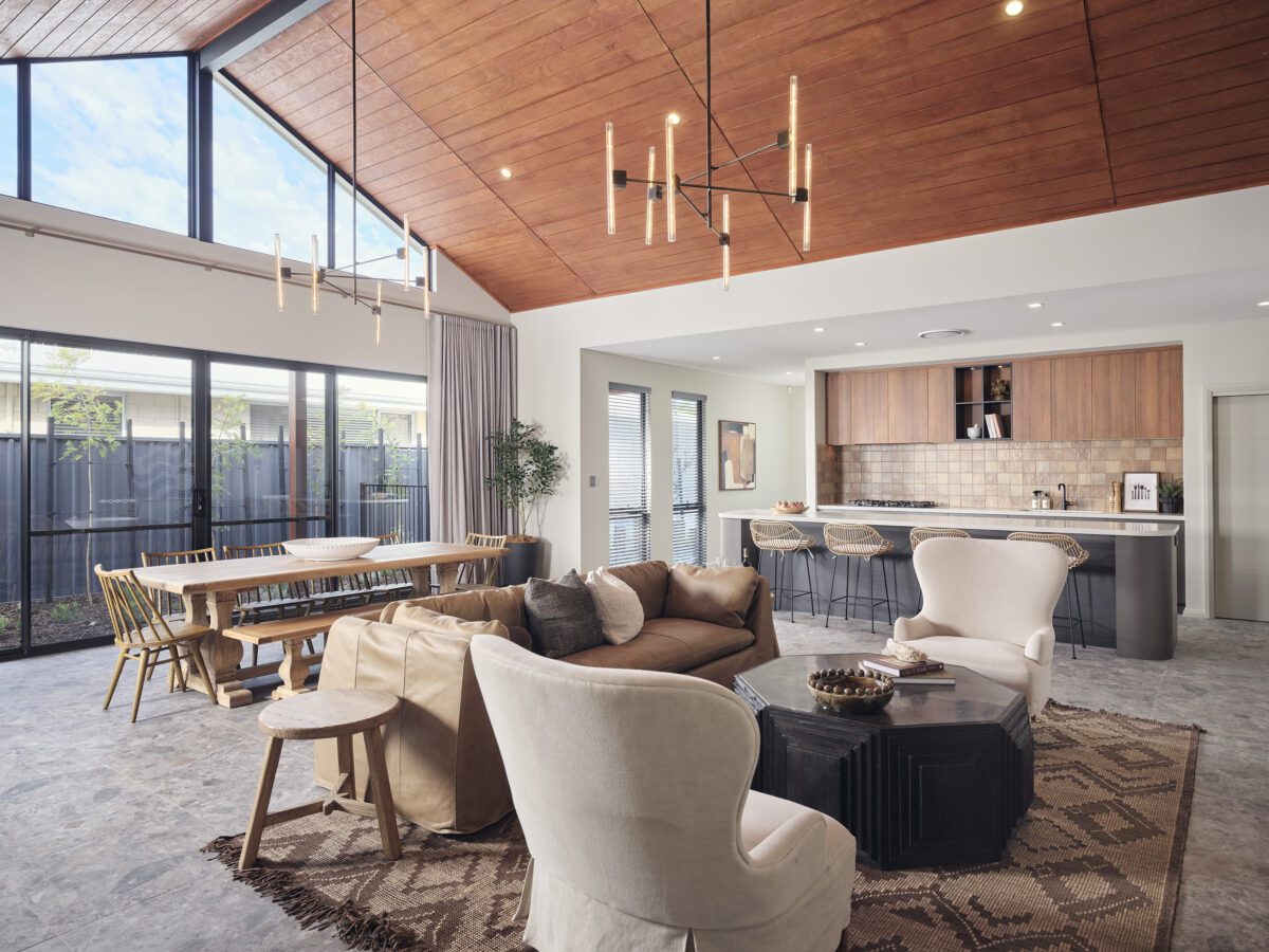 The Yalyalup Retreat display home interior with raked timber ceilings.