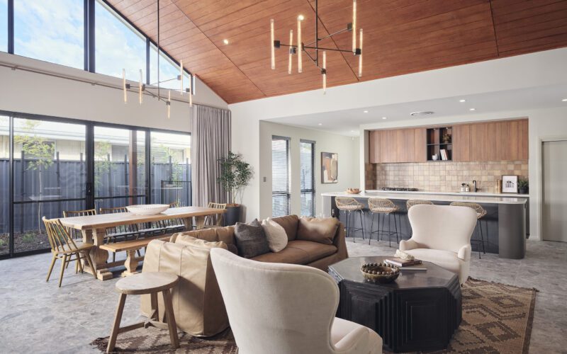 The Yalyalup Retreat display home interior with raked timber ceilings.